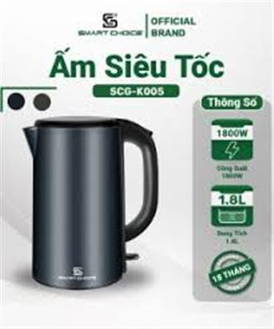 [SmartChoice]Ấm Siêu Tốc Điện SMARTCHOICE SCG-K005 1.8L 1800W, 3 Lớp Cách Nhiệt, Sôi Nhanh BH 18 Tháng